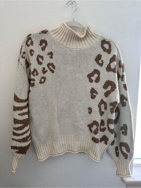 Nine West Cream and Brown Leopard-Print Turtleneck Sweater